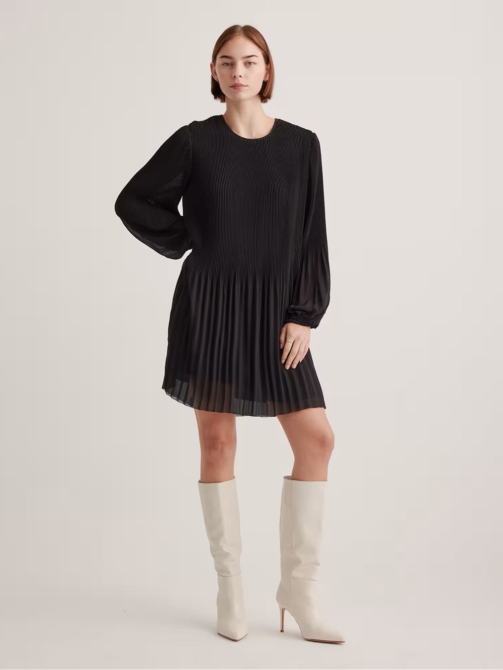 Quince Navy Blue Pleated Long-Sleeve Mini Dress